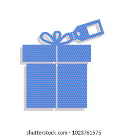 Gift sign with tag. Vector. Neon blue icon with cyclamen polka dots pattern with light gray shadow on white background. Isolated.