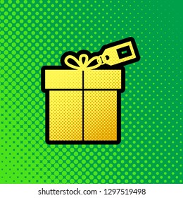 Gift sign with tag. Vector. Pop art orange to yellow dots-gradient icon with black contour at greenish background.