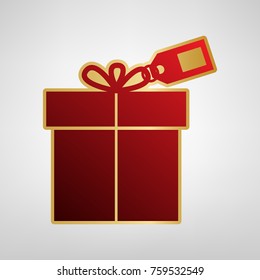 Gift sign with tag. Vector. Red icon on gold sticker at light gray background.