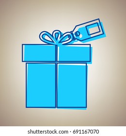 Gift sign with tag. Vector. Sky blue icon with defected blue contour on beige background.