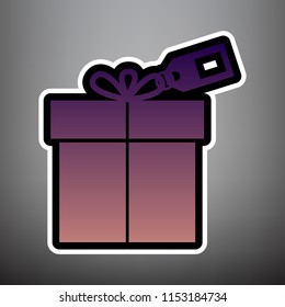 Gift sign with tag. Vector. Violet gradient icon with black and white linear edges at gray background.