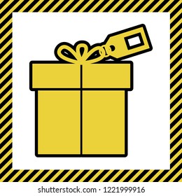 Gift sign with tag. Vector. Warm yellow icon with black contour in frame named as under construction at white background. Isolated.