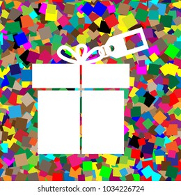 Gift sign with tag. Vector. White icon on colorful background with seamless pattern from squares.