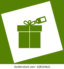 Gift sign with tag. Vector. White icon obtained as a result of subtraction rotated square and path. Avocado background.