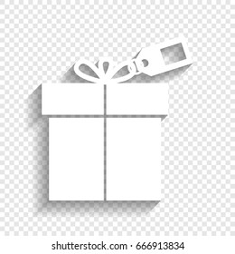 Gift sign with tag. Vector. White icon with soft shadow on transparent background.