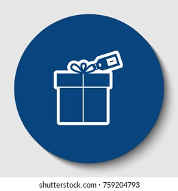 Gift sign with tag. Vector. White contour icon in dark cerulean circle at white background. Isolated.