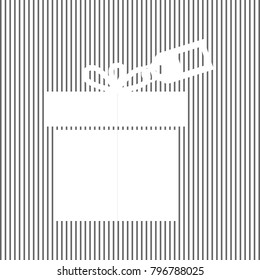 Gift sign with tag. Vector. White icon on grayish striped background. Optical illusion.