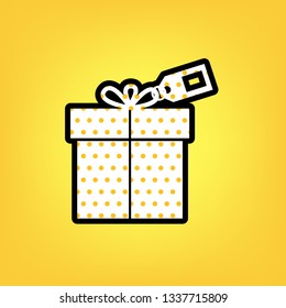 Gift sign with tag. Vector. Yellow polka dot white icon with black contour at warm yellow background. Illustration.