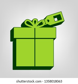 Gift sign with tag. Vector. Yellow green solid icon with dark green external body at light colored background.