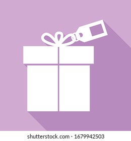 Gift sign with tag. White Icon with long shadow at purple background. Illustration.