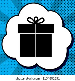 Gift sign. Vector. Black icon in bubble on blue pop-art background with rays.