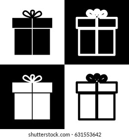 Gift sign. Vector. Black and white icons and line icon on chess board.