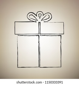 Gift sign. Vector. Brush drawed black icon at light brown background.
