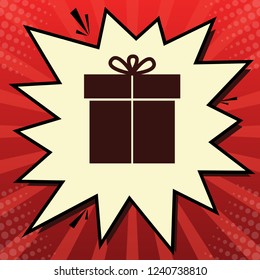 Gift sign. Vector. Dark red icon in lemon chiffon shutter bubble at red popart background with rays.
