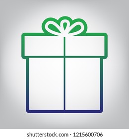 Gift sign. Vector. Green to blue gradient contour icon at grayish background with light in center.