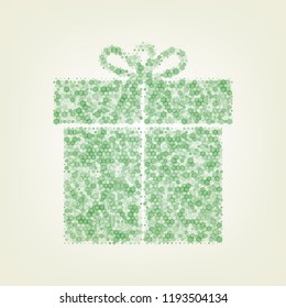 Gift sign. Vector. Green hexagon rastered icon and noised opacity and size at light green background with central light.