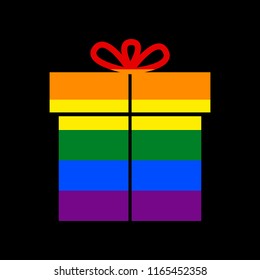 Gift sign. Vector. Icon with colors of LGBT flag at black background.