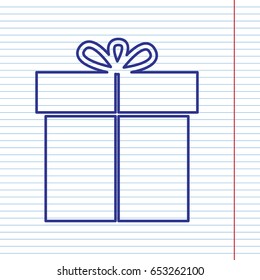 Gift sign. Vector. Navy line icon on notebook paper as background with red line for field.
