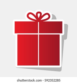 Gift sign. Vector. New year reddish icon with outside stroke and gray shadow on light gray background.
