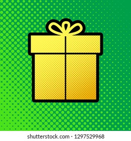 Gift sign. Vector. Pop art orange to yellow dots-gradient icon with black contour at greenish background.