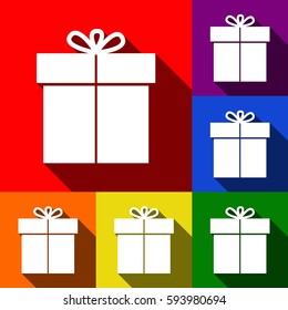 Gift sign. Vector. Set of icons with flat shadows at red, orange, yellow, green, blue and violet background.