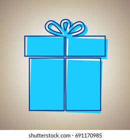 Gift sign. Vector. Sky blue icon with defected blue contour on beige background.