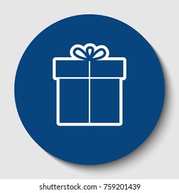 Gift sign. Vector. White contour icon in dark cerulean circle at white background. Isolated.