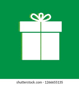 Gift sign. Vector. White flat icon with yellow striped shadow at green background.