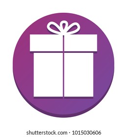 Gift sign. Vector. White icon with flat shadow on purpureus circle at white background. Isolated.