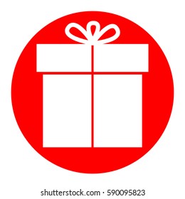 Gift sign. Vector. White icon in red circle on white background. Isolated.