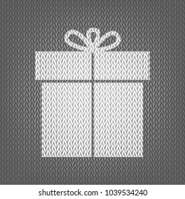 Gift sign. Vector. White knitted icon on gray knitted background. Isolated.
