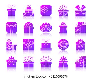 Gift silhouette icons set with reflection. Violet sign kit of bounty box. Romantic Present vector pictogram collection includes prize, bow, ribbon. Purple gradient contour simple gift icon isolated