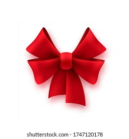 Gift silk red bow. Shiny textile ribbon decoration on present for birthday or christmas, vector holiday package element