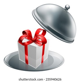 Gift silver tray luxury platter concept of a present being served on a silver platter