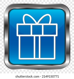 Gift simple icon vector. Flat design. Metal, blue square button. Transparent grid.ai