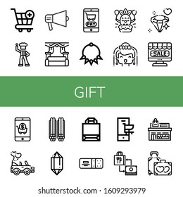 gift simple icons set. Contains such icons as Cart, Disco, Promotion, Wedding, Shopping cart, Necklace, Birthday, Bride, Diamond, Online shop, can be used for web, mobile and logo