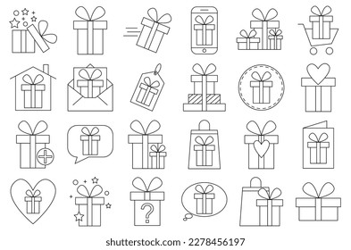 Gift. A simple gift set of Linked vector line icons. Contains icons such as a gift card, a real offer. Gift boxes.