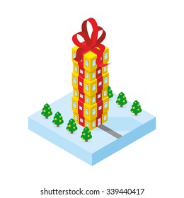 Gift of skyscraper. Tall office building from  gift box with red bow. Part of winter land with trees.
