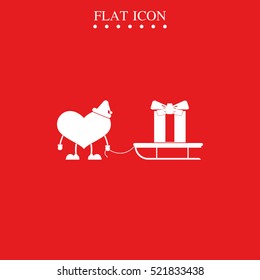 Gift and sledge icon. Toy heart illustration. 