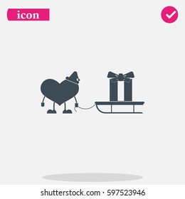 Gift and sledge icon. Toy heart illustration. 