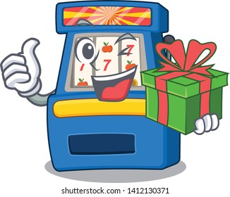 With gift slot machine next to cartoon chair