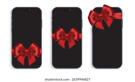 Gift Smartphone with Red Ribbon and Bow – Black Mobile Phone Isolated on White Background | Vector Illustration