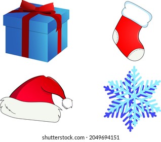 A gift, a snowflake, a Christmas sock and a hat on a white background.