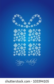gift with snowflakes over blue background, happy birthday. vector illustration