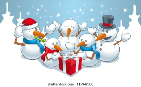 Gift for snowman. Illustration of happy snowman on holiday gifts.