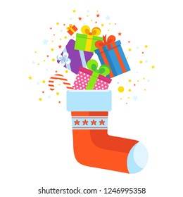 Gift sock christmas card. Boxes with presents, Christmas tree with balls, garlands. Celebration of Merry Christmas and New Year. Greeting card. Vector flat cartoon illustration.