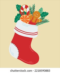 Gift sock with gingerbread. Christmas present. Decoration with fir branches and holly. Vector illustration for prints, postcards, and invitations. Happy holiday background.