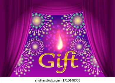 a gift of sparkling gold with fireworks behind a mysterious curtain of rich purple hues