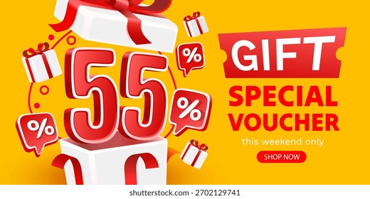 Voucher especial de presente 55 oferta banner. Fundo amarelo brilhante para promoção. Ilustração vetorial.