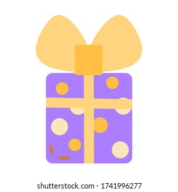 Caja de regalo violeta cuadrada en puntos de polka amarillos con lazo y cinta amarilla en estilo plano sobre un fondo blanco aislado. Diseño de promoción de regalo, etiqueta adhesiva para carta al cliente, icono de regalo, cumpleaños, vacaciones